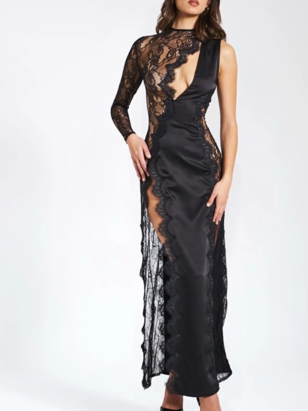NWT Miss Circle Weslyn Satin Lace High Slit Dress | Black - Black / S / 4-6 × 1